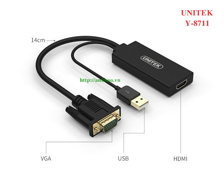 Cáp chuyển đổi VGA to HDMI + Audio Unitek Y-8711 chính hãng